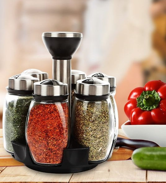 Rotating spice bottle set with lightweight, durable airtight spice rack