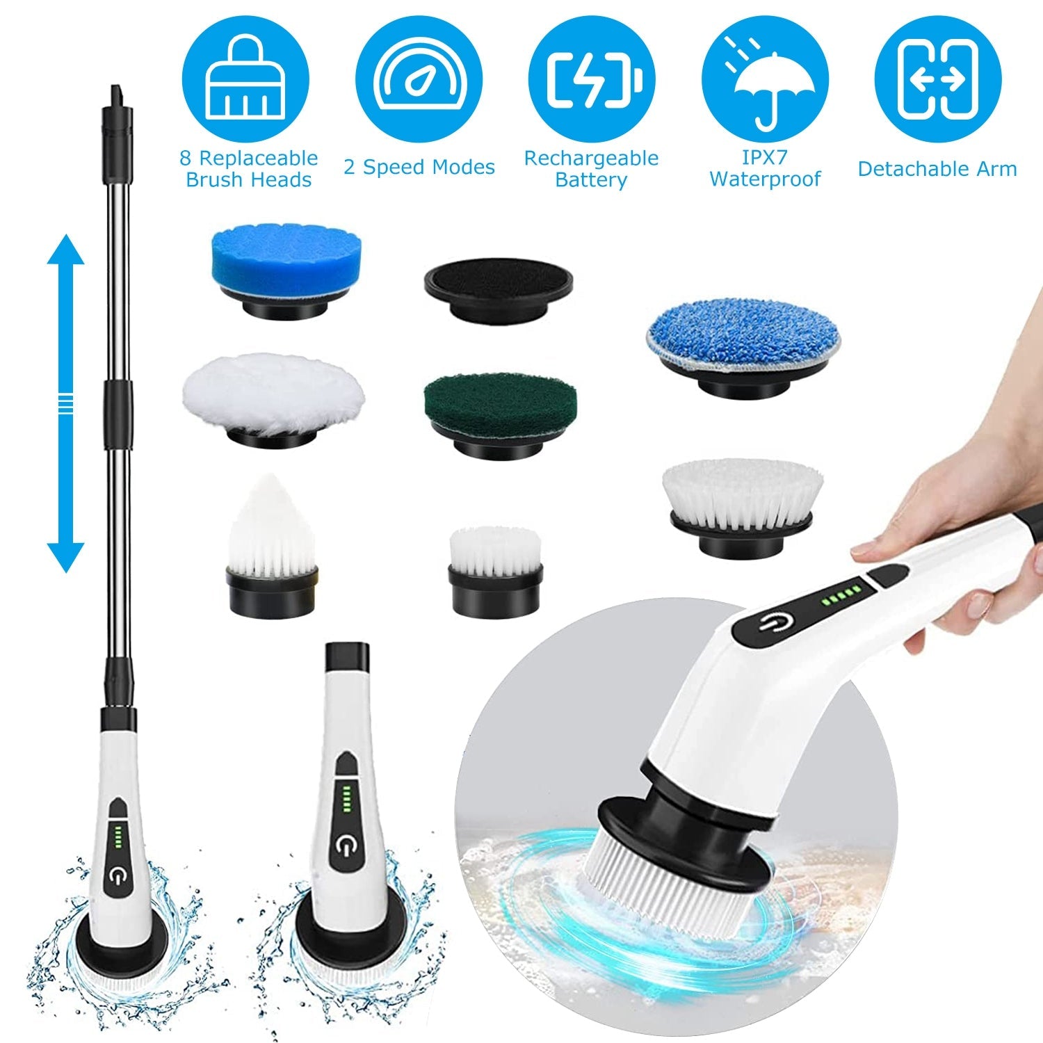 Electric Spin Scrubber with 8 replaceable heads and telescopic arm for versatile cleaning