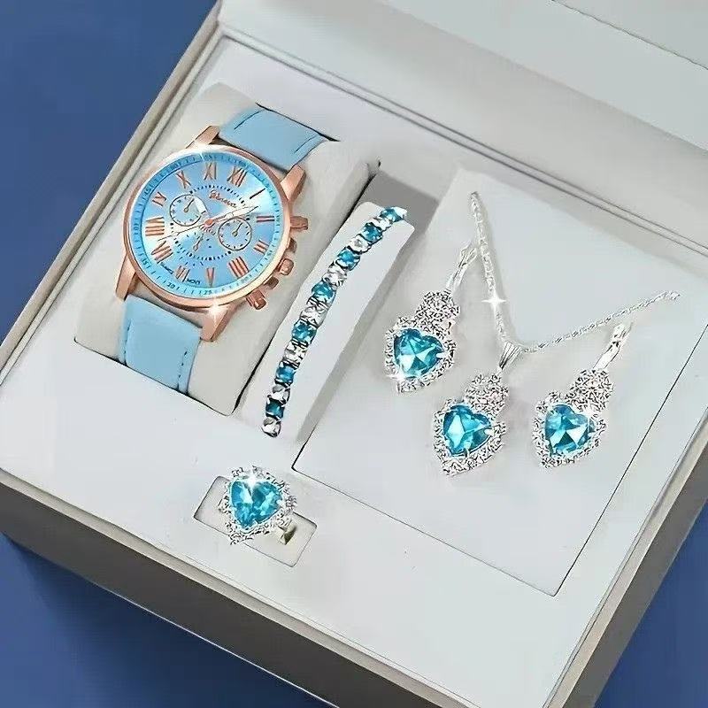 Casual women's watch necklace earrings ring set with leather strap and zinc alloy case in multiple colors