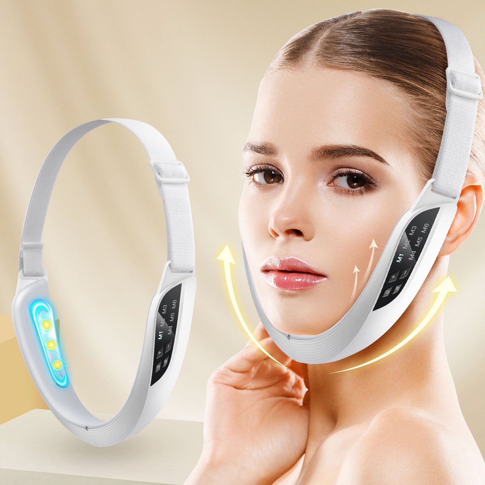 White 6-mode 8-speed Micro-current EMS Face Slimming Device with adjustable headband and metal electrode pads