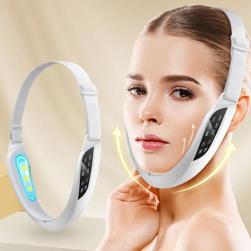 White 6-mode 8-speed Micro-current EMS Face Slimming Device with adjustable headband and metal electrode pads