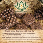 Two bars of Organic Cocoa Rice Goat Milk soap with natural ingredients displayed on a white background