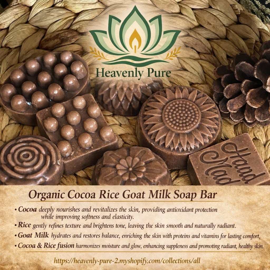 Two bars of Organic Cocoa Rice Goat Milk soap with natural ingredients displayed on a white background