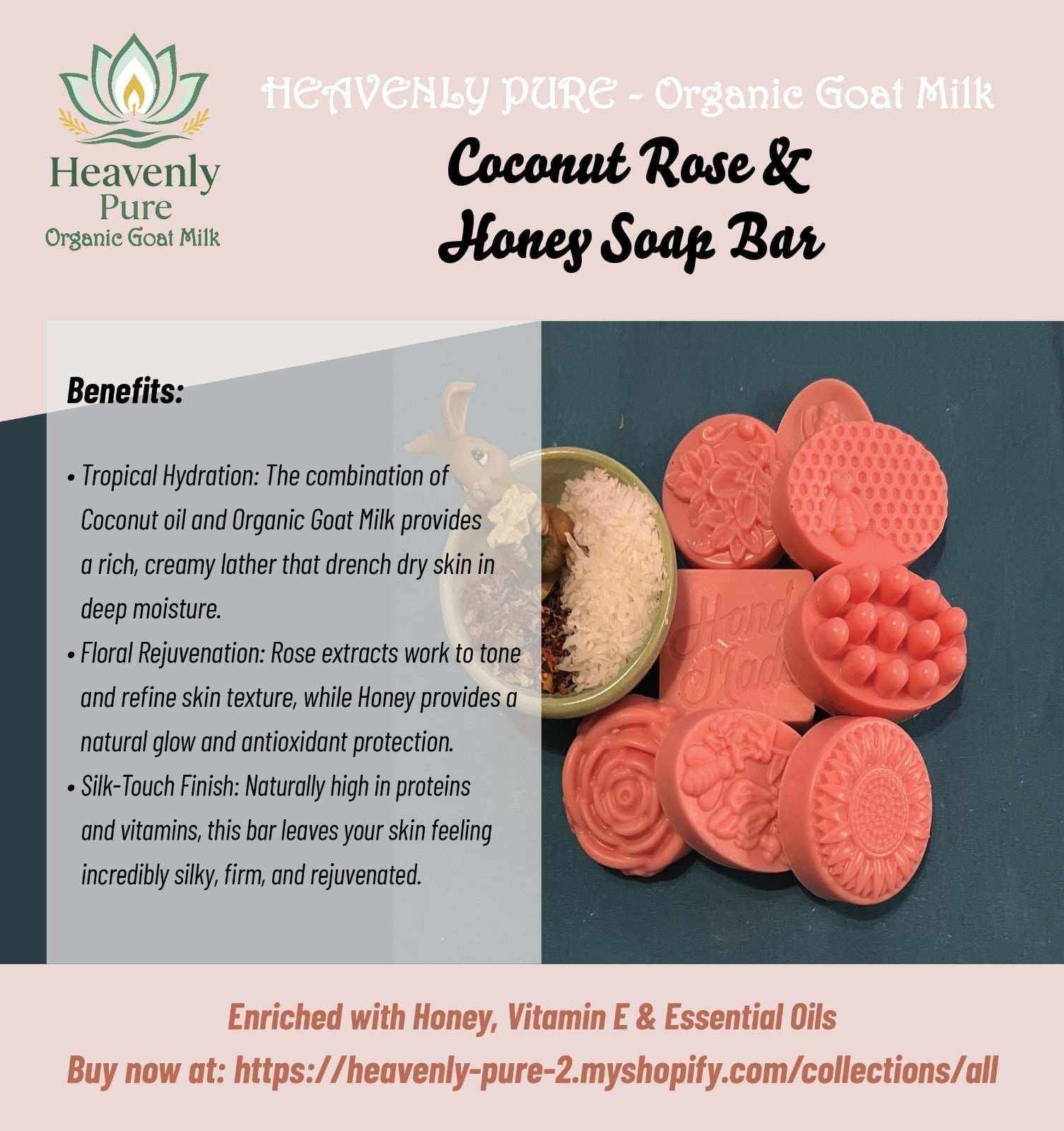 Two bars of Coconut Rose and Goat Milk soap packaging showcasing natural skincare benefits