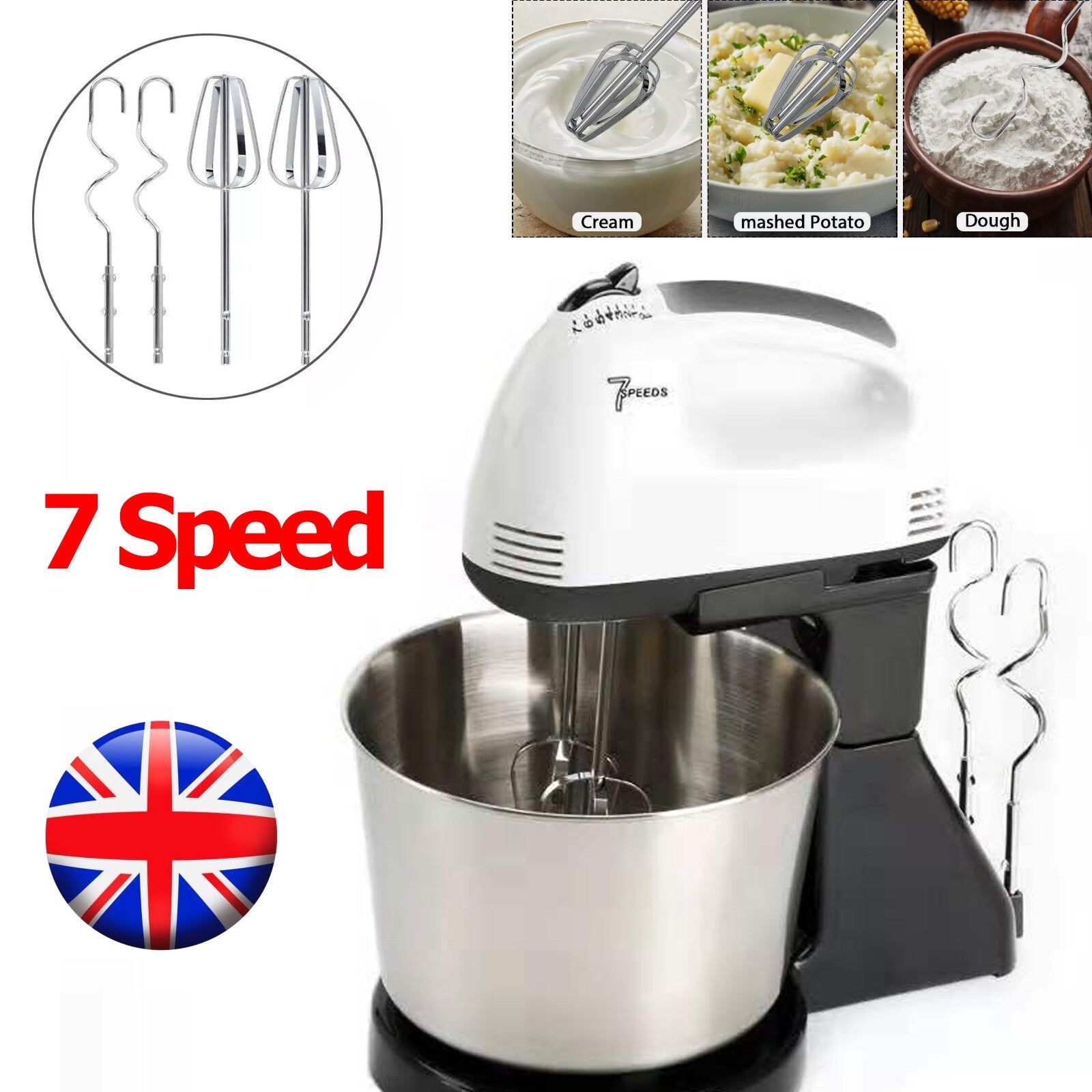 Electric stand mixer with 7-speed settings and 2L stainless steel bowl