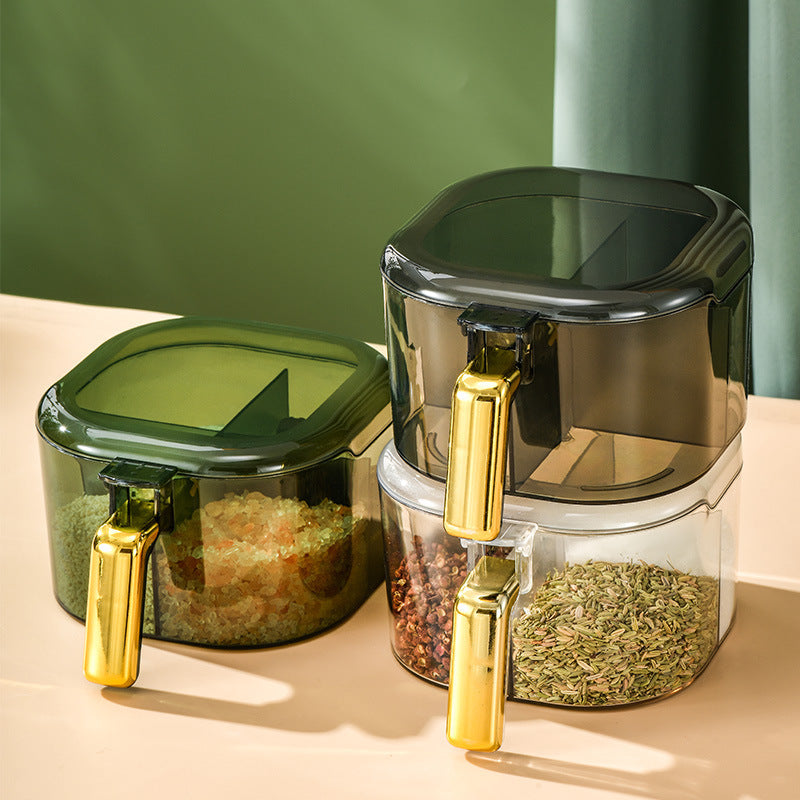 Transparent and green PET spice jar set with lid and spoons for home use