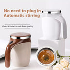 Rechargeable automatic stirring cup with magnetic rotating feature for coffee and milkshake, made of food-grade stainless steel and ABS, portable design in white and brown colors.