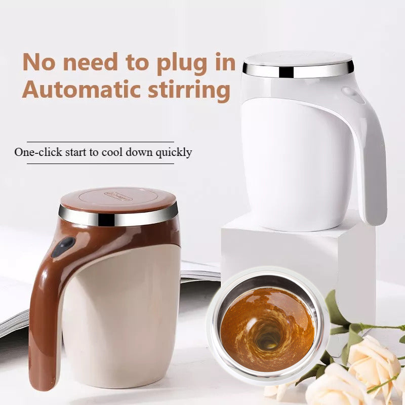 Rechargeable automatic stirring cup with magnetic rotating feature for coffee and milkshake, made of food-grade stainless steel and ABS, portable design in white and brown colors.